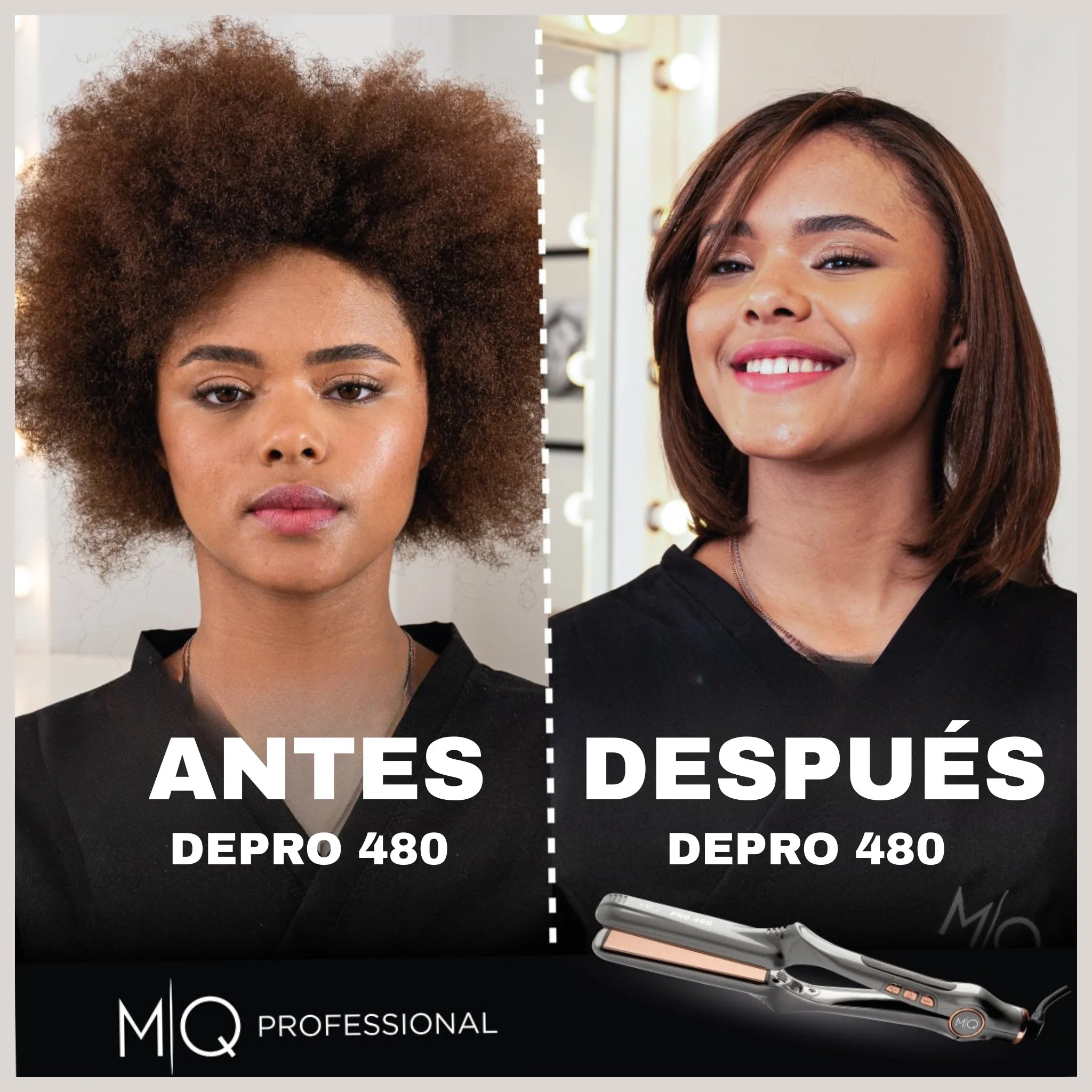 Resultados profesionales antes y después de usar la MQ Pro 480: cabello brillante y liso