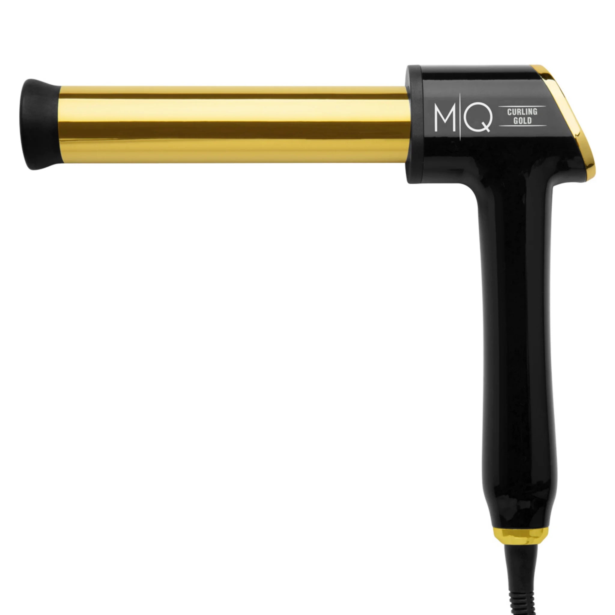 Vista lateral del rizador de cabello MQ Curling Gold con barril dorado y mango ergonómico